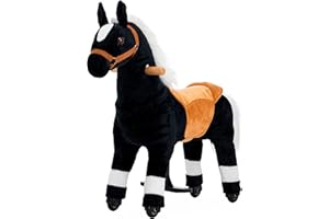 PONYEEHAW Reitpferd für Kinder ab 3 mit Rollen, Horse Toy Ride, Spielpferd zum Reiten Stehpferd Groß aus Metall und Plüsch Pferde Spielzeug zum Reiten mit Schabracke und Zaumzeug (Schwarz, Klein)