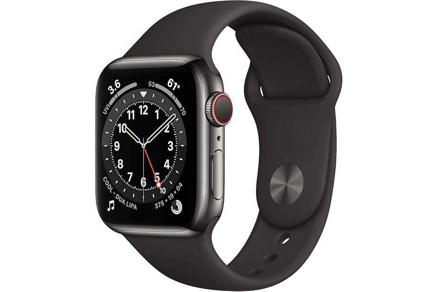 Apple Watch Series 6 (GPS + Zellular, 40MM) Edelstahlgehäuse Graphit mit Schwarz Sportarmband (Generalüberholt)