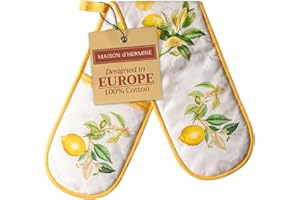Maison d' Hermine Double Oven Mitts 100% Cotton 18 cm x 89 cm Double Oven Mitt Heat Resistant BBQ Cooking Gloves with Loop, Baking, Grilling, Home, Kitchen, Handling Hot Pans (Limoncello)