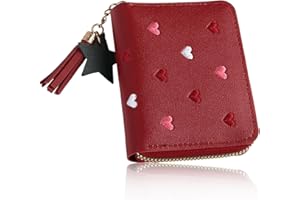 Hioip Cartera Pequeña Mujer, Monedero en Piel con Cremallera/Ranuras para Tarjetas Bloqueo RFID, Billetera Cartera Tarjetero Corta para Niñas y Niños (Vino Tinto)