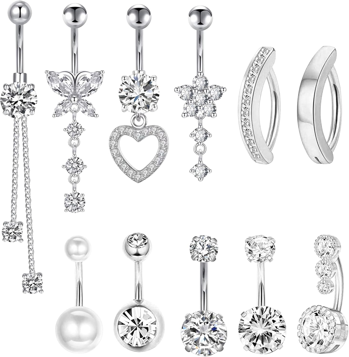 DAVBNM 11 Pcs Dangly Belly Button Bars Belly Bars Dangly Set, Navel Piercing Jewelry Belly Button Piercing, Barbell Navel Bars Piercing Jewelry, Flower Butterfly Navel Bars Set for Women, Silver