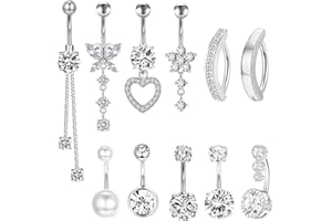 TYXHXTF 11 Pcs Piercing Ombelico per Donna, Perla Clicker Barbell Piercing Ombelico Anello Set, Cuore Farfalla Gioielli Diamante Lungo Barbell Set Per Le Donne