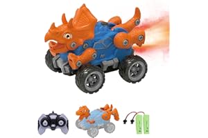 iBlivers Coche Teledirigido, Coche Dinosaurio de Teledirigidos para Construir, Monster Truck 2 Formas Dino de Recambio con Luces Spray Mist, Construye un Coche STEM Monster Truck RC Regalos de Juguete