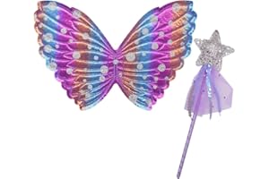 APDDHJ 2 Pcs Girls Fairy Wings Costume Butterfly Fairy Wings And Wand, Fairy Angel Wings Butterfly Wings Angel Fairy Wand Kids Butterfly Fairy Party Wings Glitter Star Wands for Girls