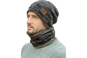 GENERIC Mens Winter Beanie Hat Scarf Set Warm Fleece Lined Knit Ski Hats Slouchy Skull for Unisex Gift