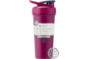 BlenderBottle Strada Sleek Shaker Cup Insulated Stainless Steel Water Bottle with Wire Whisk, 740ml, Raspberry