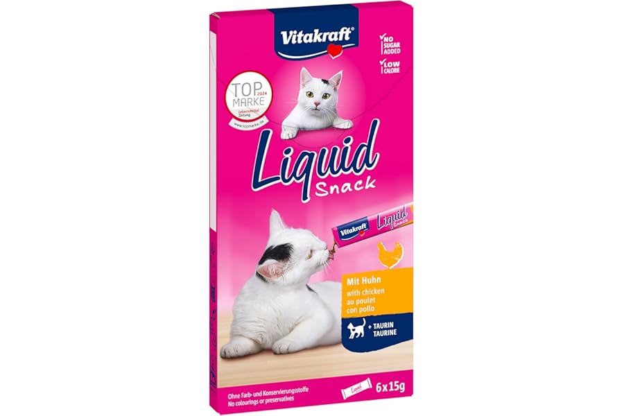 Vitakraft Liquid Snack, golosina para gatos, snack cremoso para gatos, con pollo y taurina, en sobres individuales, favorece 
