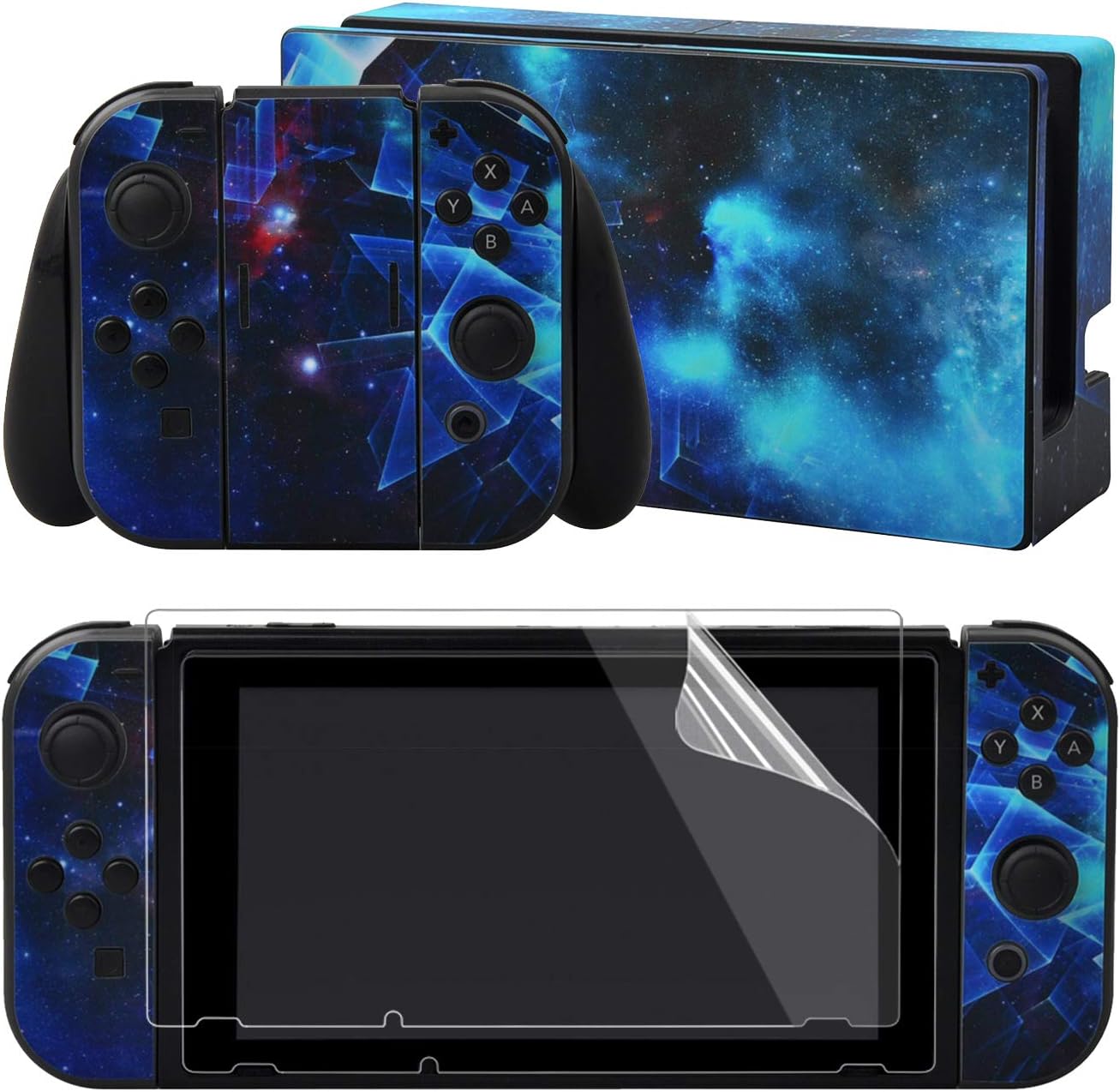 eXtremeRate Multidimensional Galaxy Print Decals Stickers Full Set Faceplate Skins +2Pcs Screen Protector for Nintendo Switch/for NS Console & joy con Controller & Dock Protection Kit