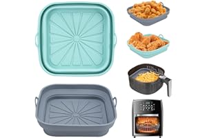 Alyvisun Moule Silicone Air Fryer, 2 Pièces Panier Moule pour Friteuse à Air Chaud Réutilisable Airfryer Pot Plat Carré Pliable Doublure Liner pour Friteuse Air, Micro-ondes, Four (Bleu Clair+Gris)
