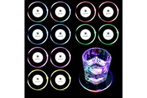 Rhitchy 12 posavasos con luz LED para botella, 7 colores, posavasos de cristal, autoadhesivos, para bebidas, con 4 pilas LED SMD, para fiestas y bares (6 cm de diámetro)