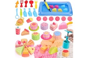 Crelloci Magic Play Sand Cake Dessert Set for kids, Cake Molds, Mooncake Pressing Tools, Plates & Forks with 3 Vibrant Colours Sand, Sensory Toys for Kids Aged 3 and Up