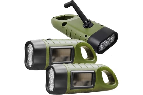 REKALRO Manivelle à LED rechargeable - 3 pièces - Lampe de poche solaire rechargeable avec boucle de randonnée - Lampe de poche Dynamo - Manivelle pour extérieur/camping/urgence (vert)