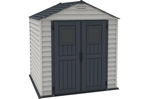 Duramax StoreMax Capanno da giardino in plastica, 7 x 7, con pavimento, e finestra fissa su porte, struttura in metallo resistente ignifugo e senza manutenzione, Grigio scuro/Adobe