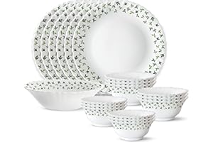 Larah by Borosil Sage Silk Series Opalware Dinner Set | 19 Pieces for Family of 6 | Microwave & Dishwasher Safe | Bone-Ash Fr