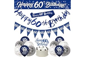 YONTREE 60th Birthday Decorations for Men - Navy Blue and Silver Party Supplies with Banner, Bunting, Sash, Confetti, Latex Balloons, Triangle Flags, Cake Toppers