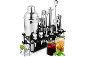 Trongle Lot de 20 Shakers à Cocktail en Acier Inoxydable 750 ML avec Double Doseur, Support de Présentation, Kit Cocktail Professionnel, pour Maison, Bar, Fêtes, Noël et Thanksgiving