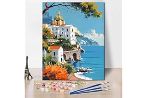 TISHIRON Costiera amalfitana Pittura con i numeri, per adulti principianti, paesaggio, pittura con i numeri, kit su tela, pittura acrilica, pittura a olio, decorazione per la casa, 16 x 20 pollici