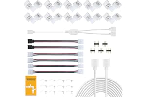 REDTRON Led Strip Connectors Kit, 10mm RGB Led Light Connector Includes 10x L Shape Connectors,2M LED Strip Light Extension Cable,4X Strip to Strip Jumpers,5X 4 Pin Male Connectors