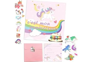 MKISHINE Set de 10 cartes invitation licorne,invitation anniversaire fille en français + Enveloppes+3d licorne stickers pour 10 invités Idéal invitation de Partie,fête anniversaire d'enfants