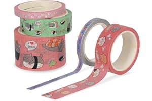 Legami - Lot de 5 rubans adhésifs en papier, Tape by Tape, Kitty, colorés, pour coller, décorer et personnaliser, 3 tailles différentes, longueur de 5 mètres chacune