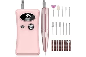 Urbuti Torno para Uñas Profesional, 35000 RPM Portátil Recargable lima de Uñas Eléctrica con 11 Puntas y Display LCD, Velocidad Ajustable, Sets de Manicura y Pedicura para Salón y Hogar (Rosa)
