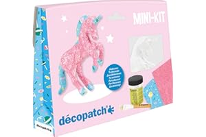 Décopatch KIT009O - Un mini-kit comprenant un animal en papier pulpé blanc, 2 feuilles Décopatch, un pinceau et un pot de vernis colle, LICORNE