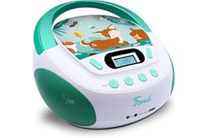 mooov 477147 CD Player für Kinder mit Lautsprechern, USB, Kopfhöreranschluss, AUX-IN-Port - Boombox CD Spieler Tragbar - Netzbetrieb oder Batterien - Modell Forest - Grün/Weiß