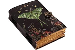 SAIFY HANDICRAFTS Blank Spell Book of Shadows Journal with Lock Clasp Vintage Handmade Leather Luna Moths and Morpho Butterfly Print Diary Prayer Pagan Witchcraft Supplies Wiccan Decor notebook daily (8x6 Inch)