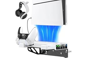 TOKLUCK PS5 Wall Mount Kit with Cooling Fan & Charging Station, PS5 Shelf Floating Mount for PlayStation 5/Slim/Pro Disc & Digital Console, PS 5 Wall Bracket Behind TV, PS Five Pro Accessories