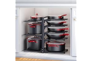 SAYZH Pots and Pans Organizer, Adjustable and Snap-on Saucepan Rack for Cupboard, Pan Organizer for Kitchen Organization & Storage, Rustproof Pot Organizer, Upgraded Design (Black 8 Tier)