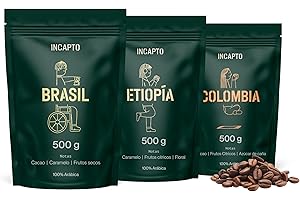 Incapto Pack de Cafés Best Sellers | Café en Grano Natural de Especialidad | Orígenes - Colombia, Brasil y Etiopía | Specialty Coffee +80 puntos SCA | 3 paquetes de 500g