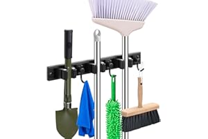 YA MI Mop holder, broom holder, stainless steel wall hanging tool storage device with 3 hooks in 3 positions, suitable for home bathrooms, kitchens, and gardens