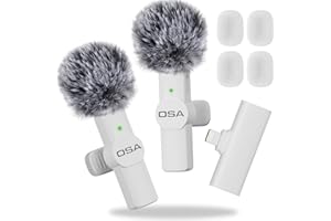 OSA Lavalier Wireless Mobile Microphone for iPhone Video Recording, Wireless Microphone for YouTube/Interview/Vlog, For iPhone Wireless Recording Microphone 2 Pack (For iPhone 14 and Below) White