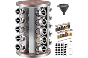 Amalan eu Pot a Épices,Carroussel Epices 360°,Présentoir avec 20 Pots Verre,430 Acier Inoxydable Rangement Epices Cuisine, Étagère à Épices Pour Cuisine, Barbecue,Étagères Rotatives,Porte-épices