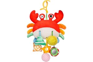 Accevo Jouet à suspendre en forme de crabe pour poussette avec pince, miroir, petite clochette, hochets, froissement, couinement, jouets pour bébé de 3 à 6 mois, idéal pour garçons et filles