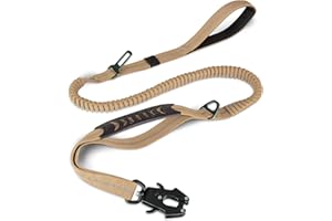 Joytale Guinzaglio tattico, guinzaglio Bungee da 1,2 m-1,8 m con 2 maniglie imbottite, cintura di sicurezza per auto, guinzaglio per cani di taglia media, grande, X-large, Marrone coyote