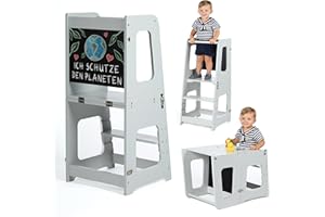 ‎KYWAI KYWAI Montessori Learning Tower from 1 Year Foldable Large - 2-in-1 Premium Learning Tower & Table - Foldable Learning Tower, Sustainable Business, Height-Adjustable Level, Innovative (Grey)
