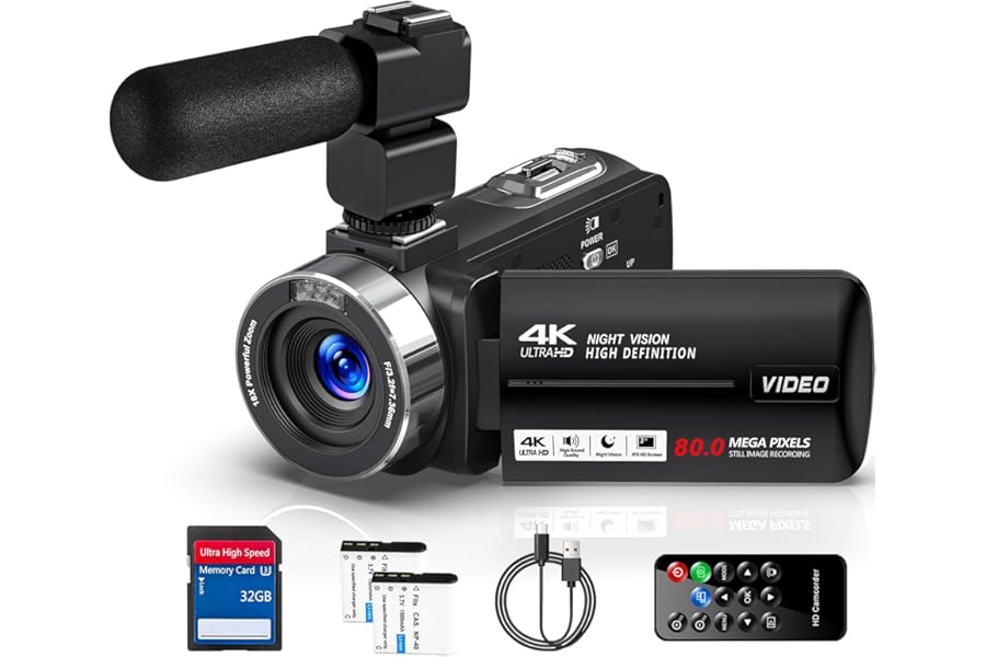 Delmodes 4K Video Camera Camcorder 80MP 18X Digital Zoom IR Night Vision Vlogging Camera, 3.0 Inch Screen YouTube Camera with 32GB SD Card, Microphone, Remote Control and 2 Batteries