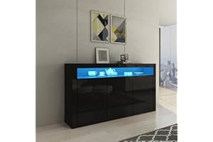 BESTWANTED Sideboard High Gloss 3 Doors Sideboard Cabinet Storage Cupboard with LED Lights for Dining Room Living Room Modern (Black)