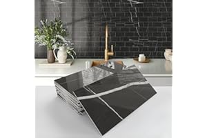INDABYO 16pcs Marble Effect Self Adhesive Stick on Tiles, Vinyl Wall Peel and Stick Tile for Kitchen Bathroom, Individual Waterproof Backsplash Sticky Tile Decals Covers (Black, 4x8 inches)