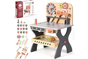 Doovasen Établi pour Enfants Jouet en Bois Établi du Bricoleur avec Outils et Accessoires Jeu d'Éveil et Construction Jouet en Bois Établi du Bricoleur pour Les 3 Ans et Plus,39.5×29.5×54cm