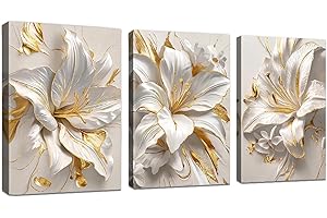 WENGTIAO Set of 3 White Gold Lilies Flowers Canvas Wall Art Prints Framed Pictures Minimalist Abstract Beige Floral Painting on Canvas Living Room Bedroom Home Wall Decor 30x40 cmx3(90x40 cm)