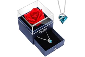 TangDouJM Red Rose Crystal Heart Necklace,Eternal Rose Birthday Gift For Women Wife Girlfriend Grandma Valentine's Day Mother's Day Christmas Day Wedding Anniversary (blue)