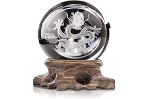 HDCRYSTALGIFTS Fermacarte in vetro 3D con drago intagliato interno, sfera Feng Shui, con supporto in legno, decorazione per la casa