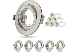 UNIKCST Set de Proyectores Focos Empotrables GU10, 6x Marcos de Montaje en Acero Inoxidable Cepillado con Casquillo Cerámico GU10, Ø76-90 mm, Para Lámparas LED o Halógenas, Forma Redonda, Orientable 30°