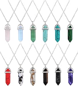 12 Ciondoli In Cristallo Esagonale Con Catena – Assortiti 12 Colori Pietre Naturali E Artificiali, Portafortuna, Con Custodia