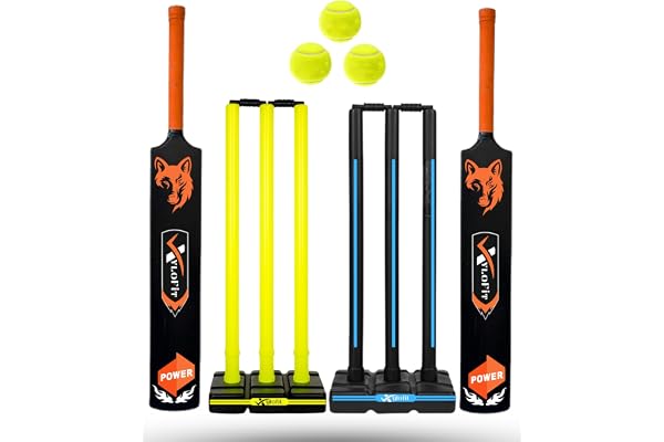 Xylofit Combo Heavy Grade Strong Plastic Cricket Bats with Wicket Sets for Boys/Girls & 3 Tennis Ball Size 8 Black Bat Cricket Stumps Black/FluroGreen 2 Bats+ 2wickets +3 Tennis Balls