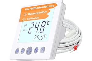 ‎MI-HEAT Digitales Unterputz Thermostat weiß mit 8cm Displaydiagonale - Wochenprogrammierung - Kindersicherung - für elektrische oder wassergeführte Fußbodenheizung