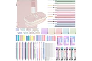 YIBONIKA 69 PCS Aesthetic School Supplies with Pink Pencil Case, 12 Pastel Highlighters, 5 Gel Pens, 12 Mechanical Pencils 0.5 & 0.7 mm, Notebook, Sticky Notes for School Office Stationery