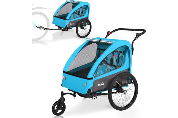 SEPNINE® Remorque Velo Enfant et Poussette 2 en 1 avec Suspension, remorque de Velo pour 1 à 2 Enfants, Fonction Jogging, Pliable, Coffre spacieux